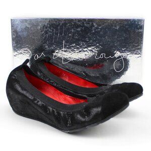 NEW Pas De Rouge Petra Black Faux Lizard Cap Toe Ballet Wedge Flats EU 38 Italy
